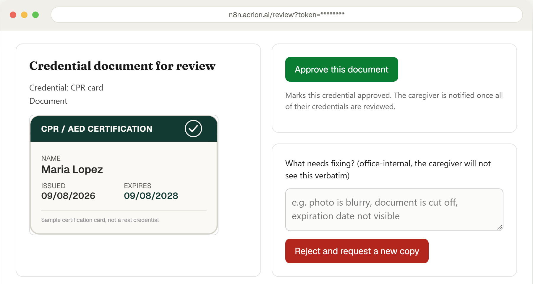 HR review page showing a caregiver's renewed CPR card with approve and reject buttons