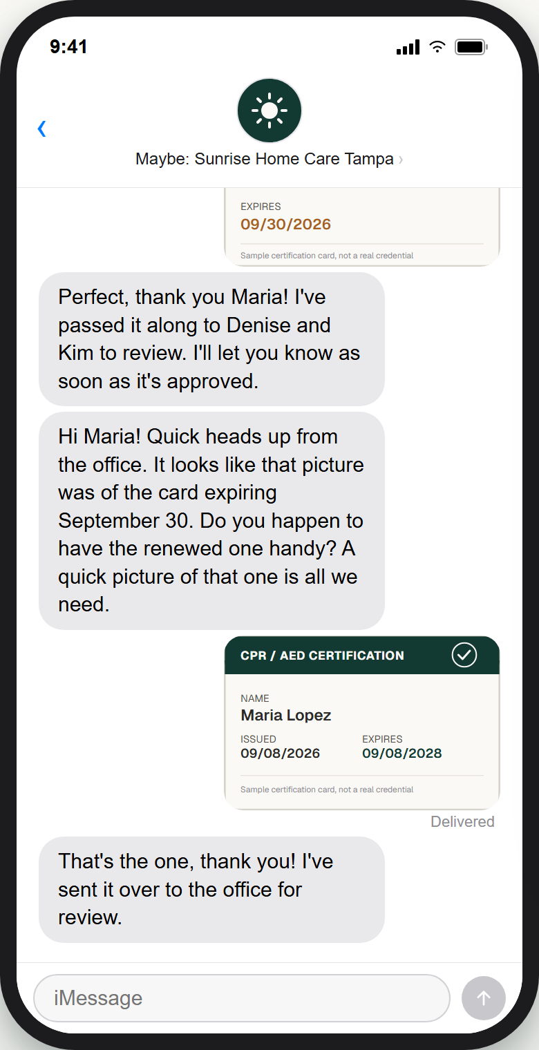 Caregiver sending a photo of a renewed certification to Cora by text